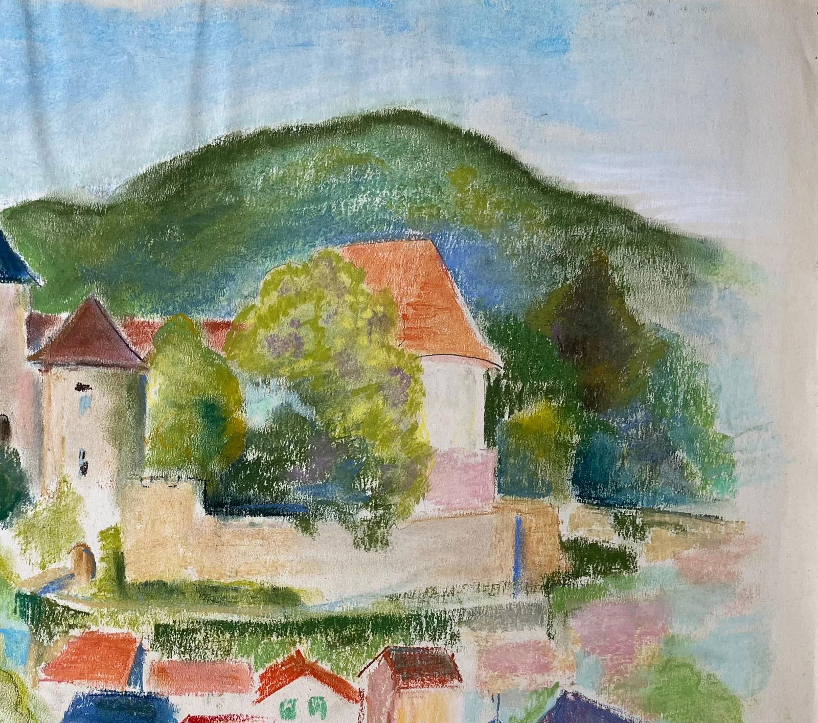 Anne Marie Migette Perard; French Mid 20th Century Pastel of Hilltop Village with Château and - 7