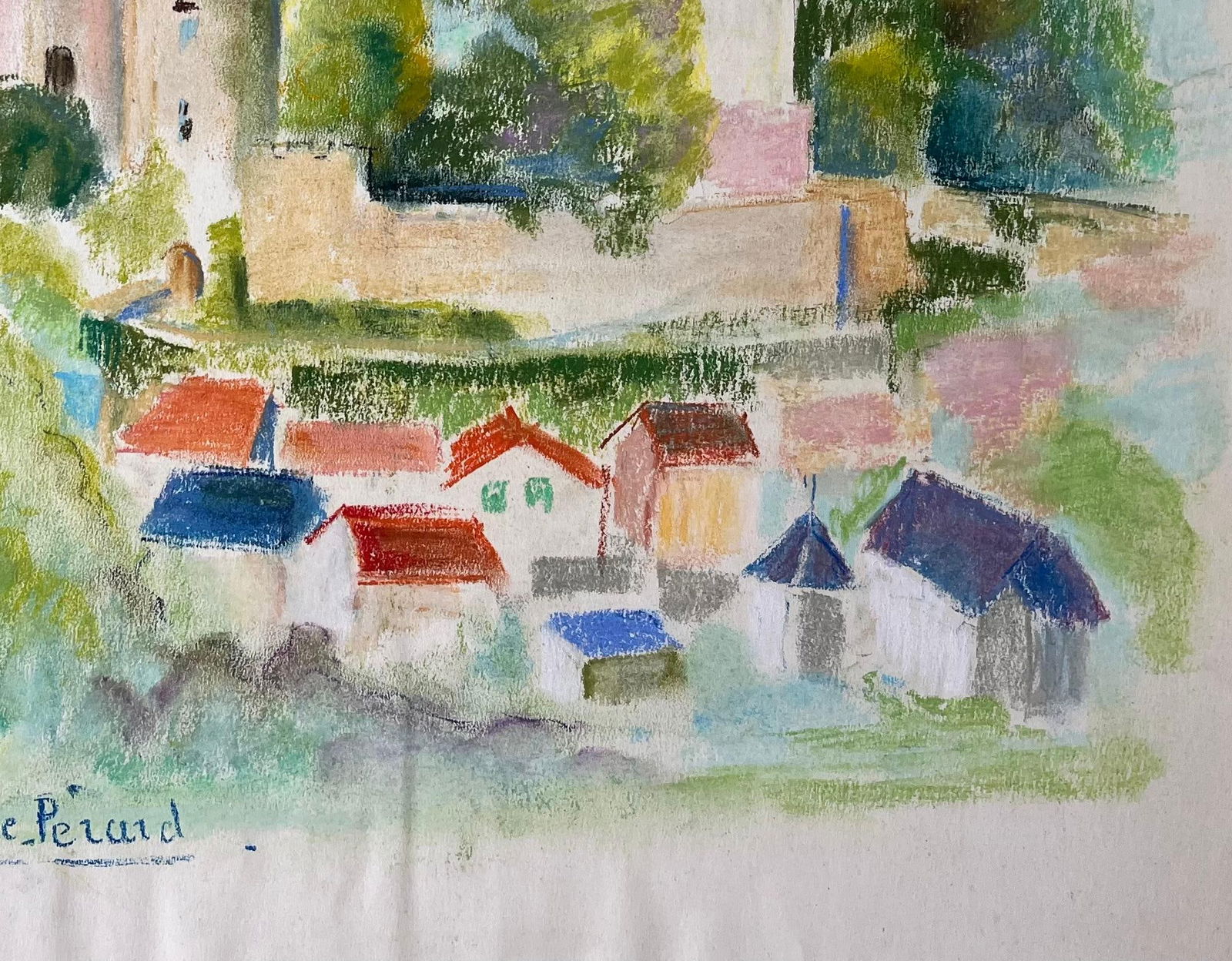Anne Marie Migette Perard; French Mid 20th Century Pastel of Hilltop Village with Château and - 8