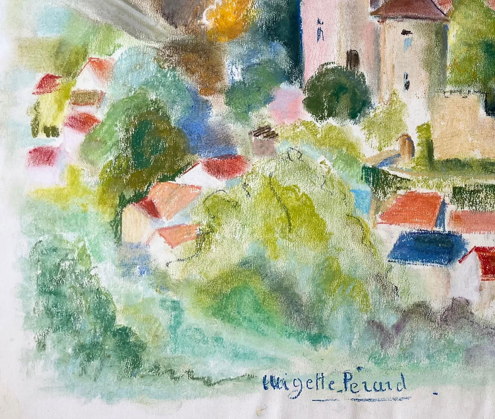 Anne Marie Migette Perard; French Mid 20th Century Pastel of Hilltop Village with Château and - 9
