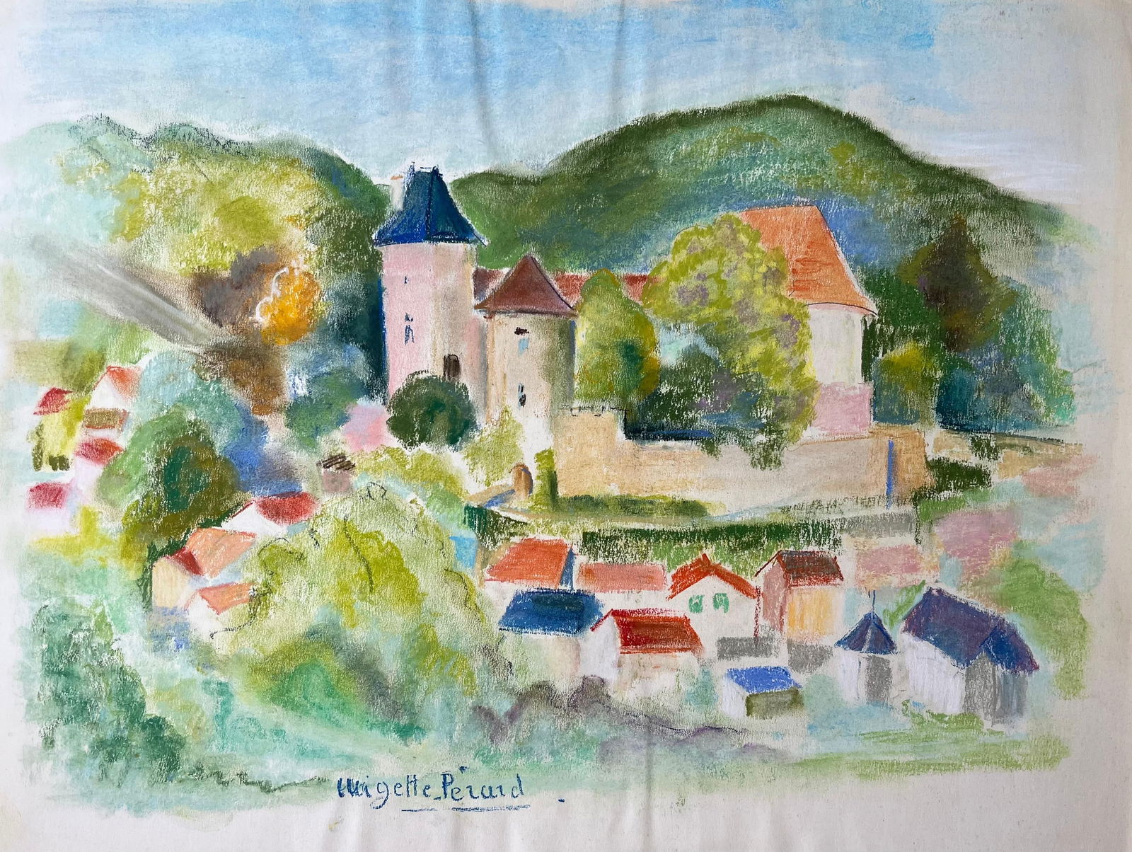 Anne Marie Migette Perard; French Mid 20th Century Pastel of Hilltop Village with Château and - 12