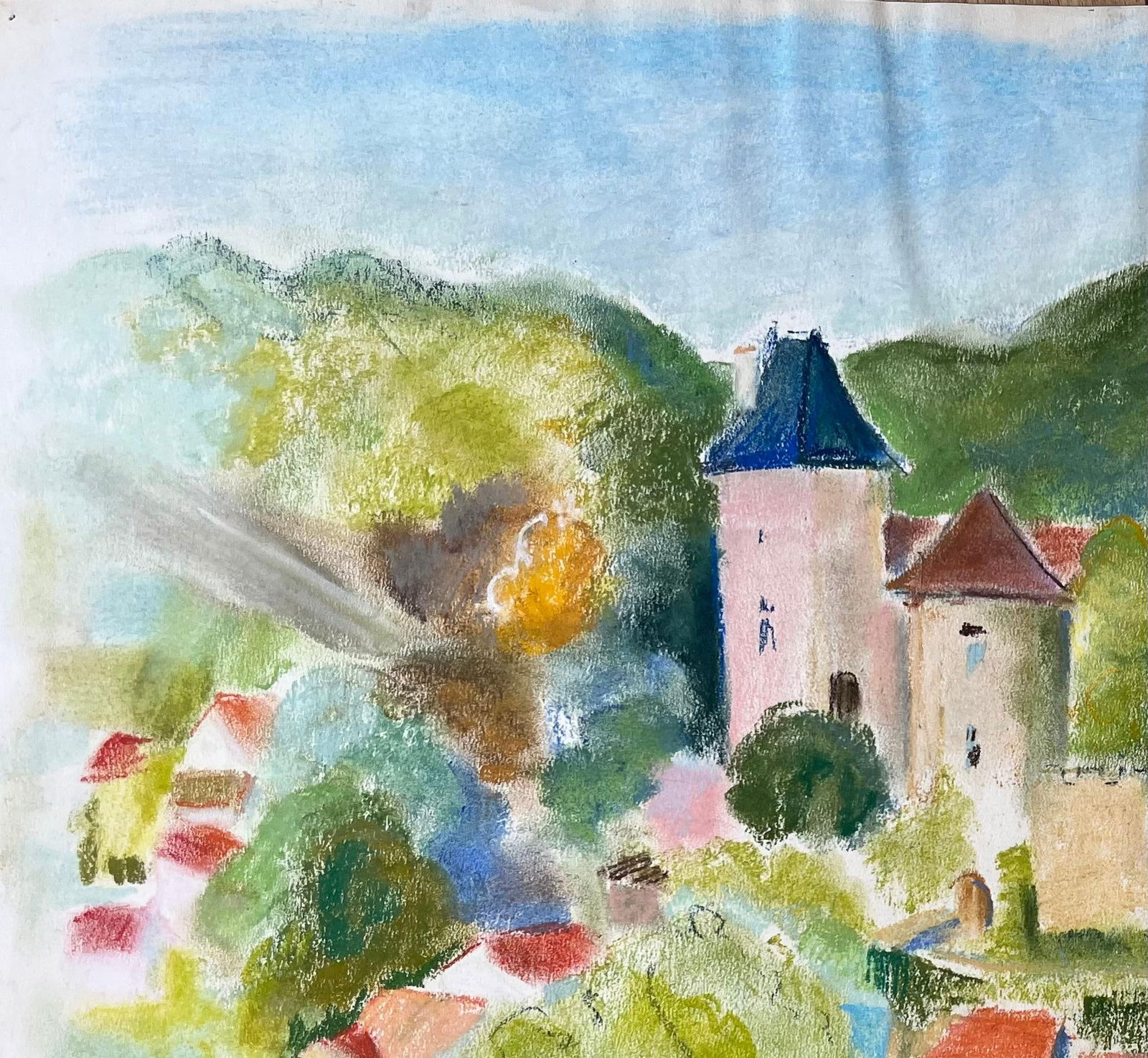 Anne Marie Migette Perard; French Mid 20th Century Pastel of Hilltop Village with Château and - 14