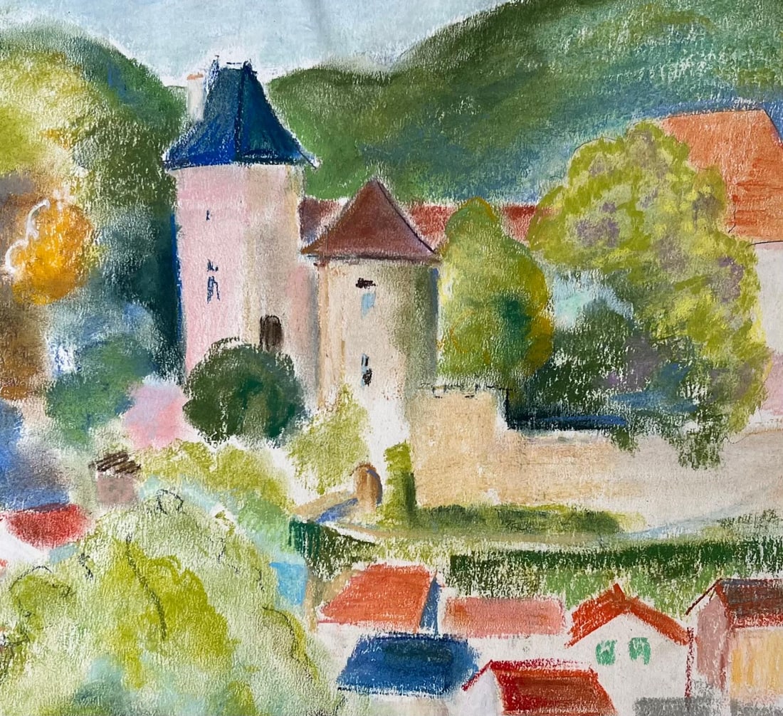 Anne Marie Migette Perard; French Mid 20th Century Pastel of Hilltop Village with Château and - 2