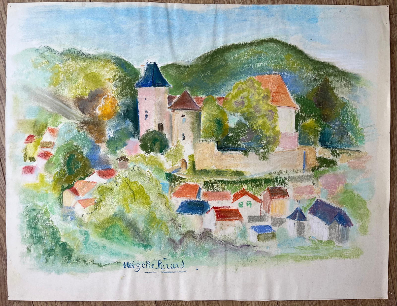 Anne Marie Migette Perard; French Mid 20th Century Pastel of Hilltop Village with Château and - 5