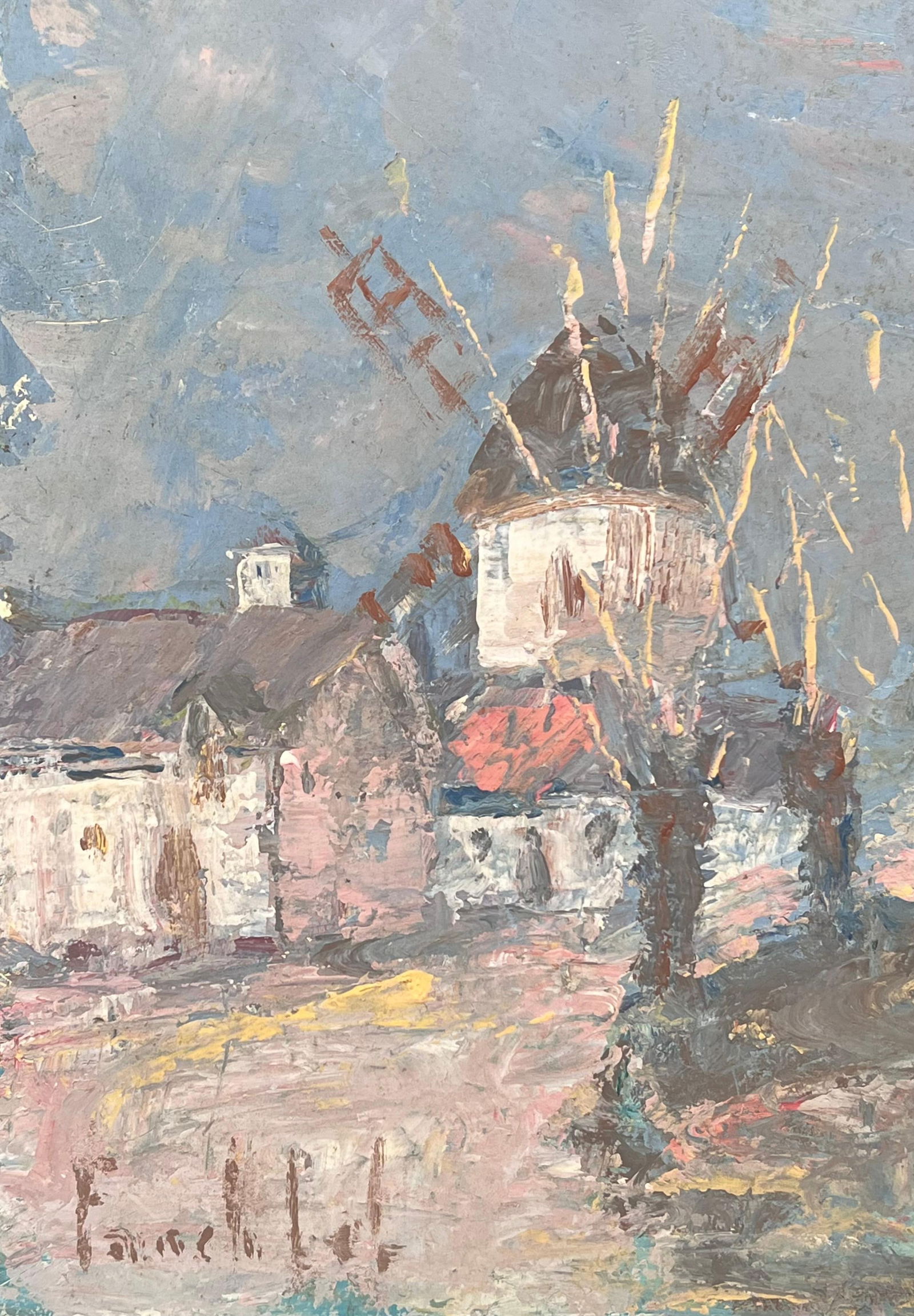 Fanch Lel; Spiky Yellow Trees Lining The Town Windmill French Landscape Oil Painting - 8