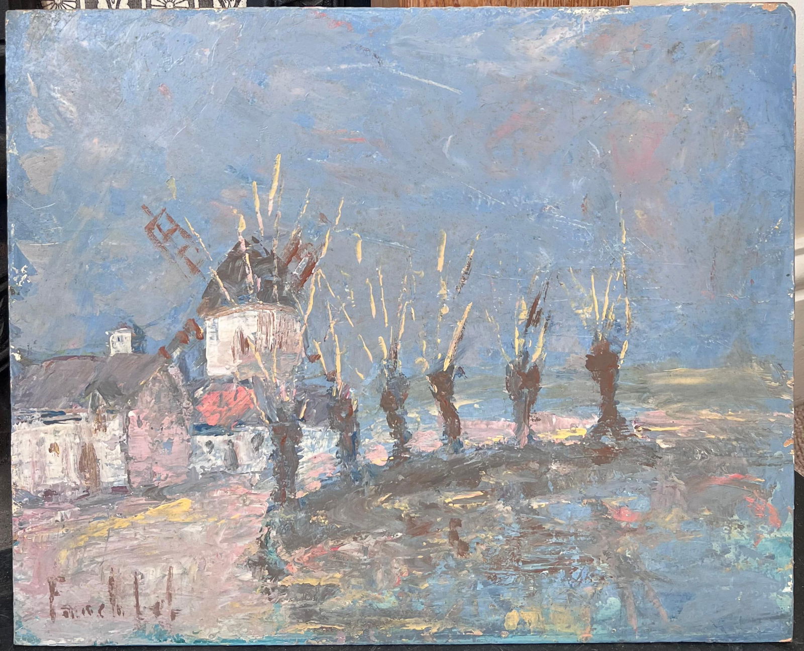 Fanch Lel; Spiky Yellow Trees Lining The Town Windmill French Landscape Oil Painting - 12