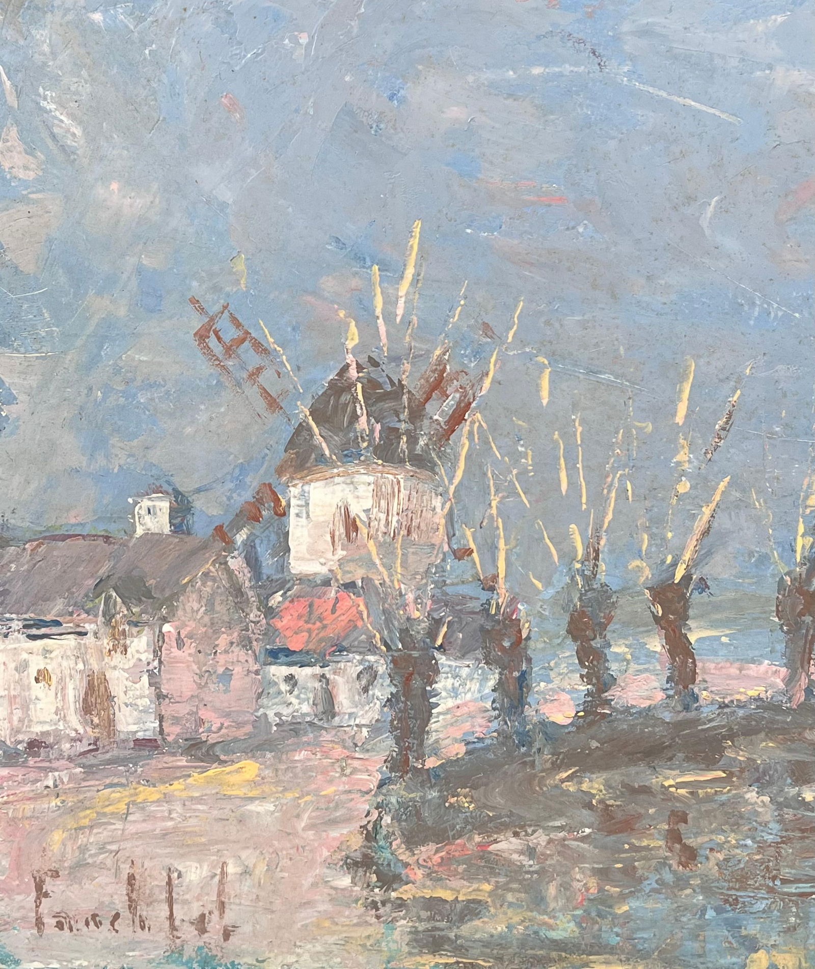 Fanch Lel; Spiky Yellow Trees Lining The Town Windmill French Landscape Oil Painting - 13