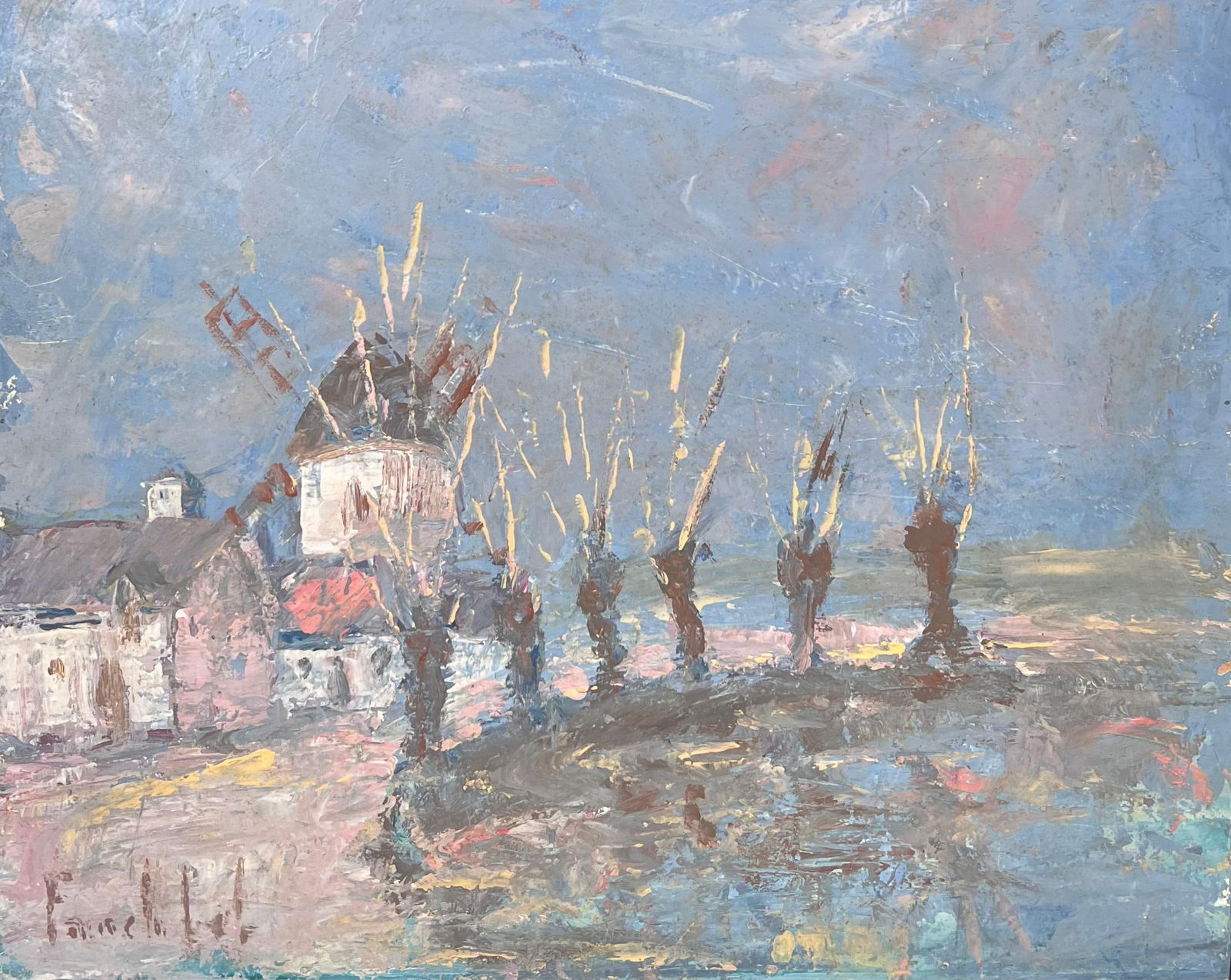 Fanch Lel; Spiky Yellow Trees Lining The Town Windmill French Landscape Oil Painting (1 of 14)