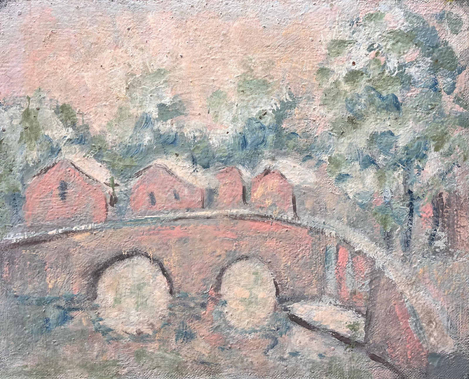 Fanch Lel; French Impressionist Pastel Landscape of Arched Bridge and Riverside Cottages - 12