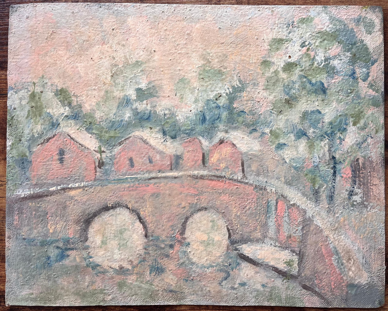 Fanch Lel; French Impressionist Pastel Landscape of Arched Bridge and Riverside Cottages - 13
