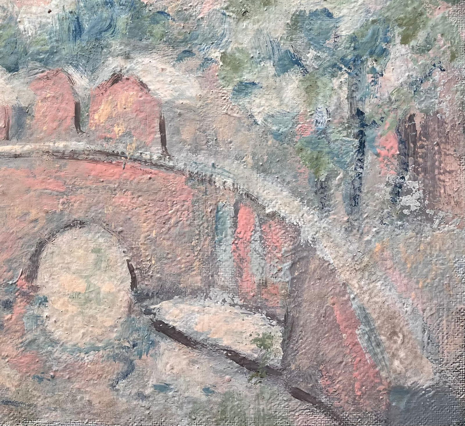 Fanch Lel; French Impressionist Pastel Landscape of Arched Bridge and Riverside Cottages - 14