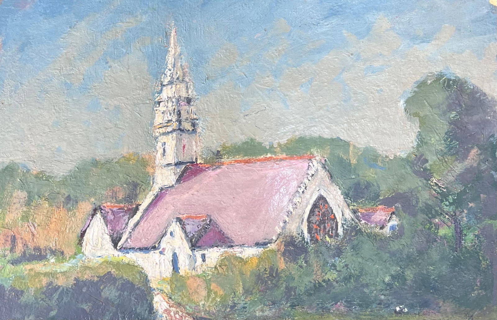 Fanch Lel; Purple Roof Church In Green Enclosed Gardens French Landscape Oil Painting, 19th Century - 10