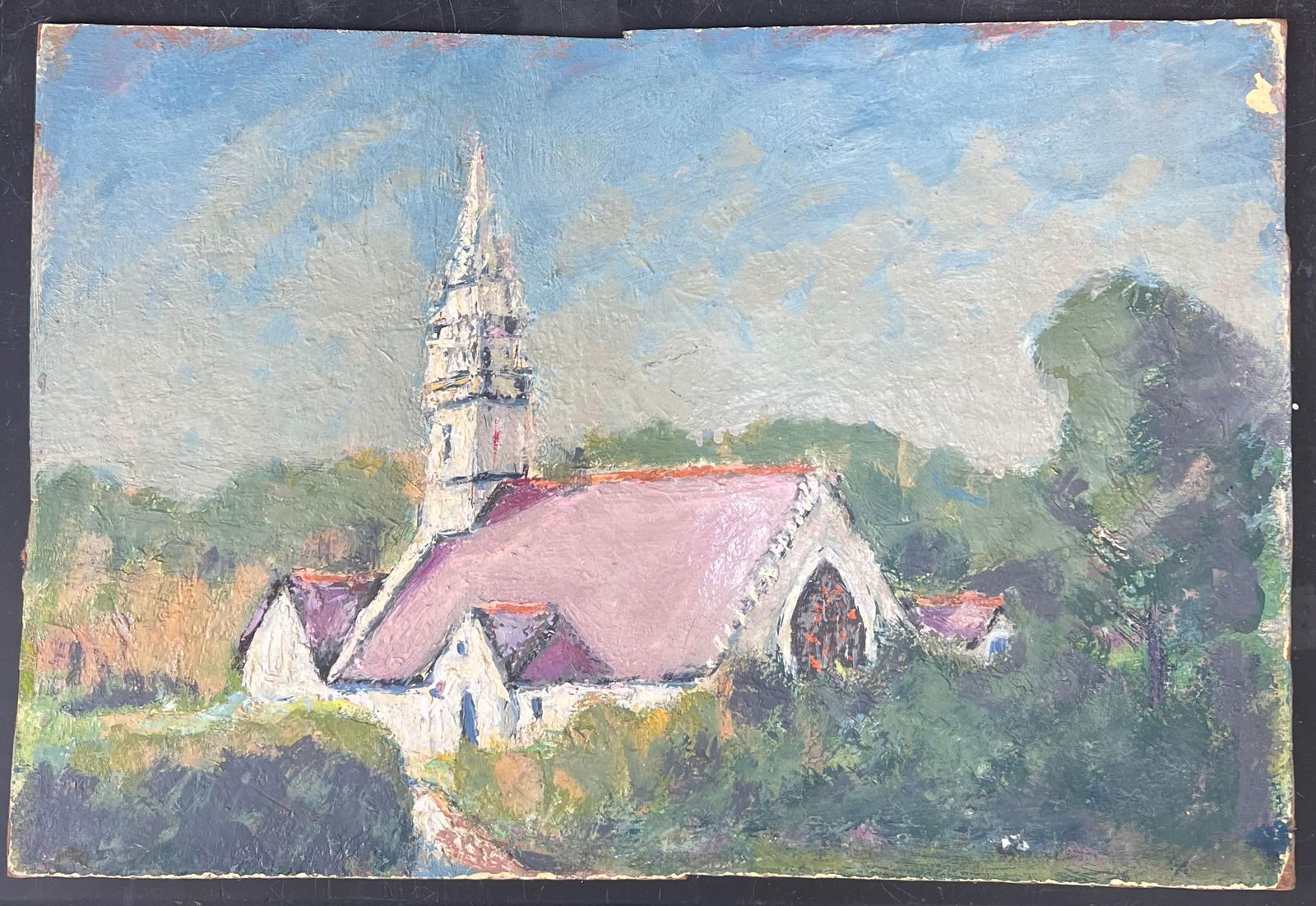 Fanch Lel; Purple Roof Church In Green Enclosed Gardens French Landscape Oil Painting, 19th Century - 11