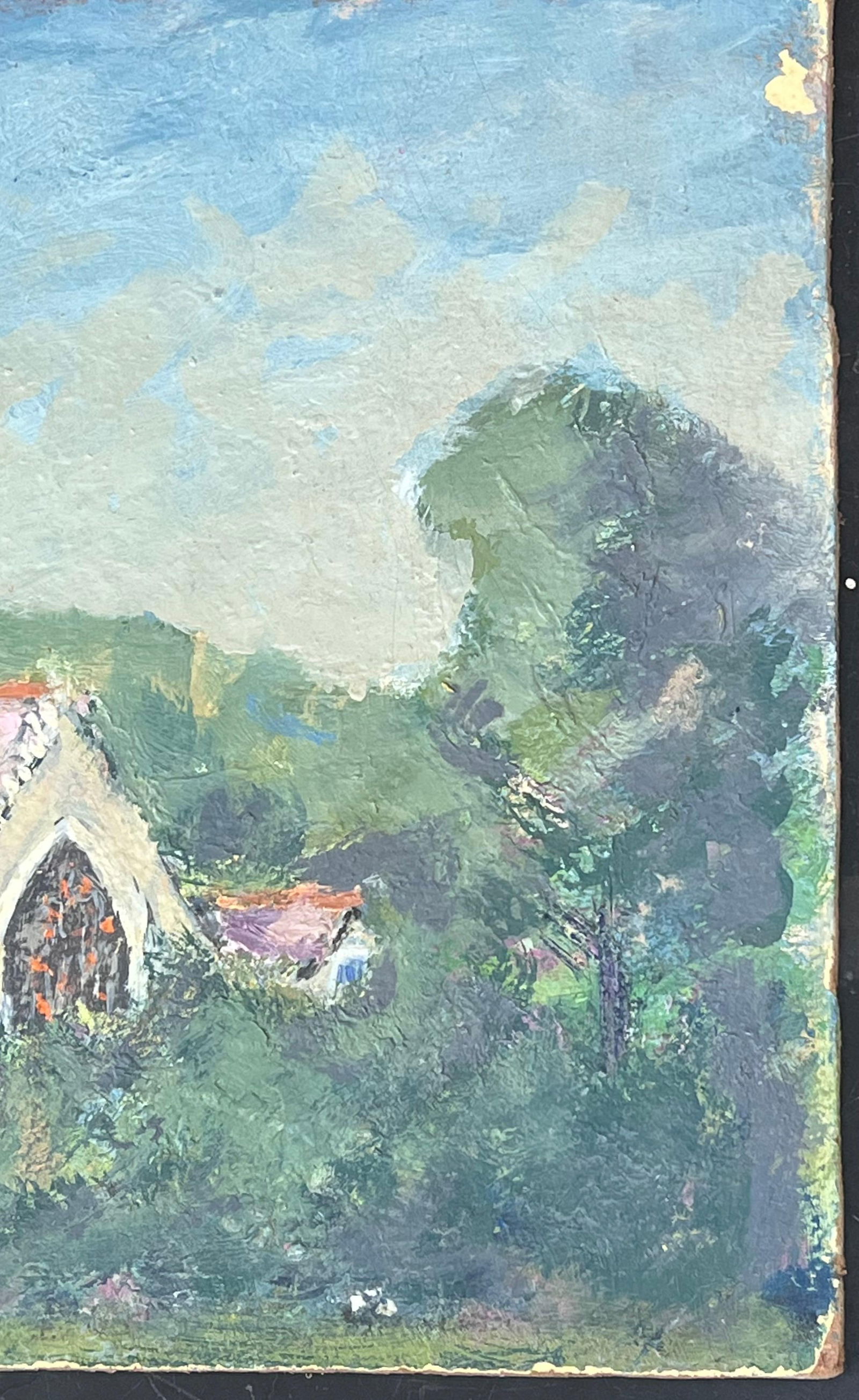 Fanch Lel; Purple Roof Church In Green Enclosed Gardens French Landscape Oil Painting, 19th Century - 2