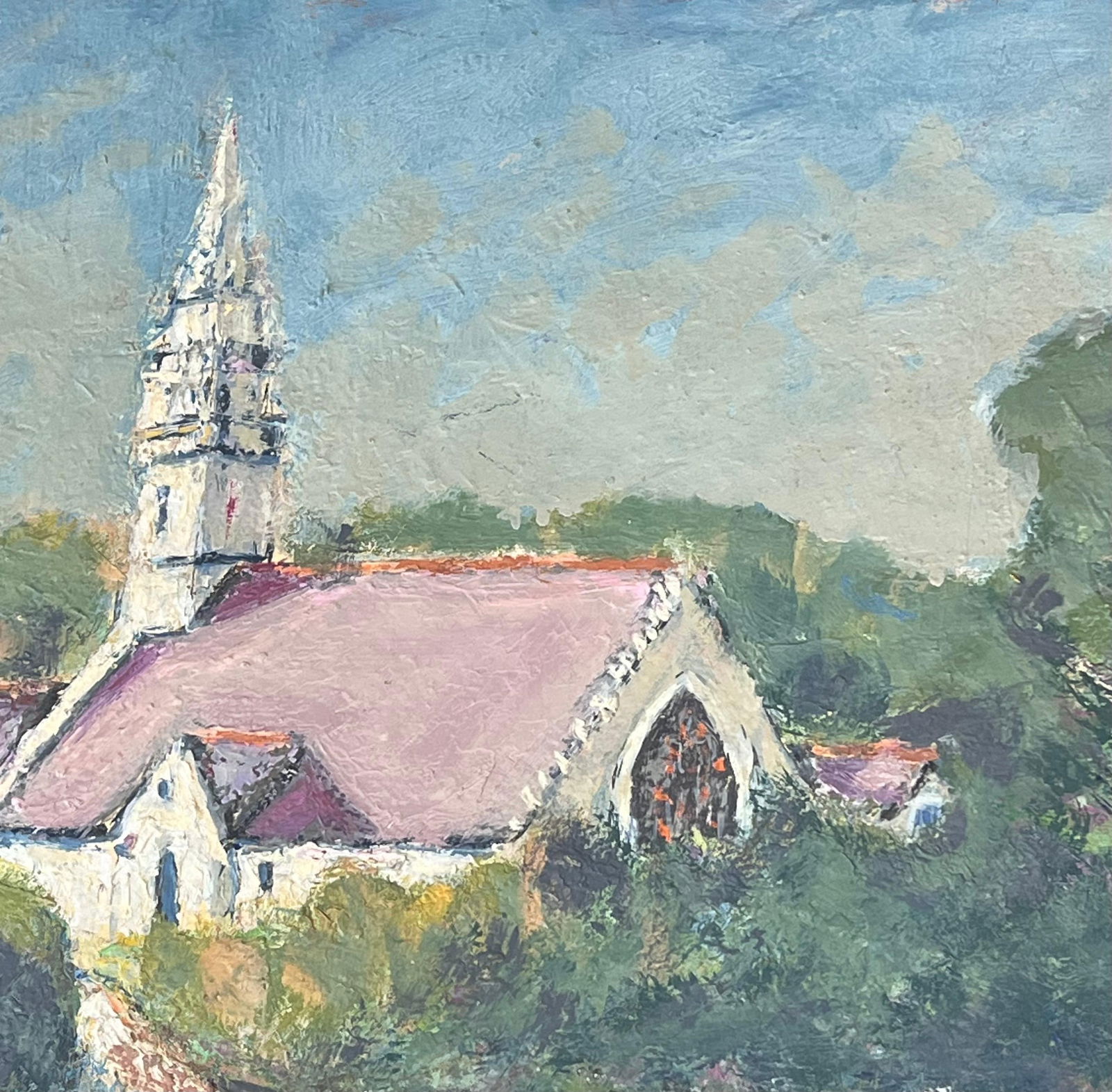 Fanch Lel; Purple Roof Church In Green Enclosed Gardens French Landscape Oil Painting, 19th Century - 6