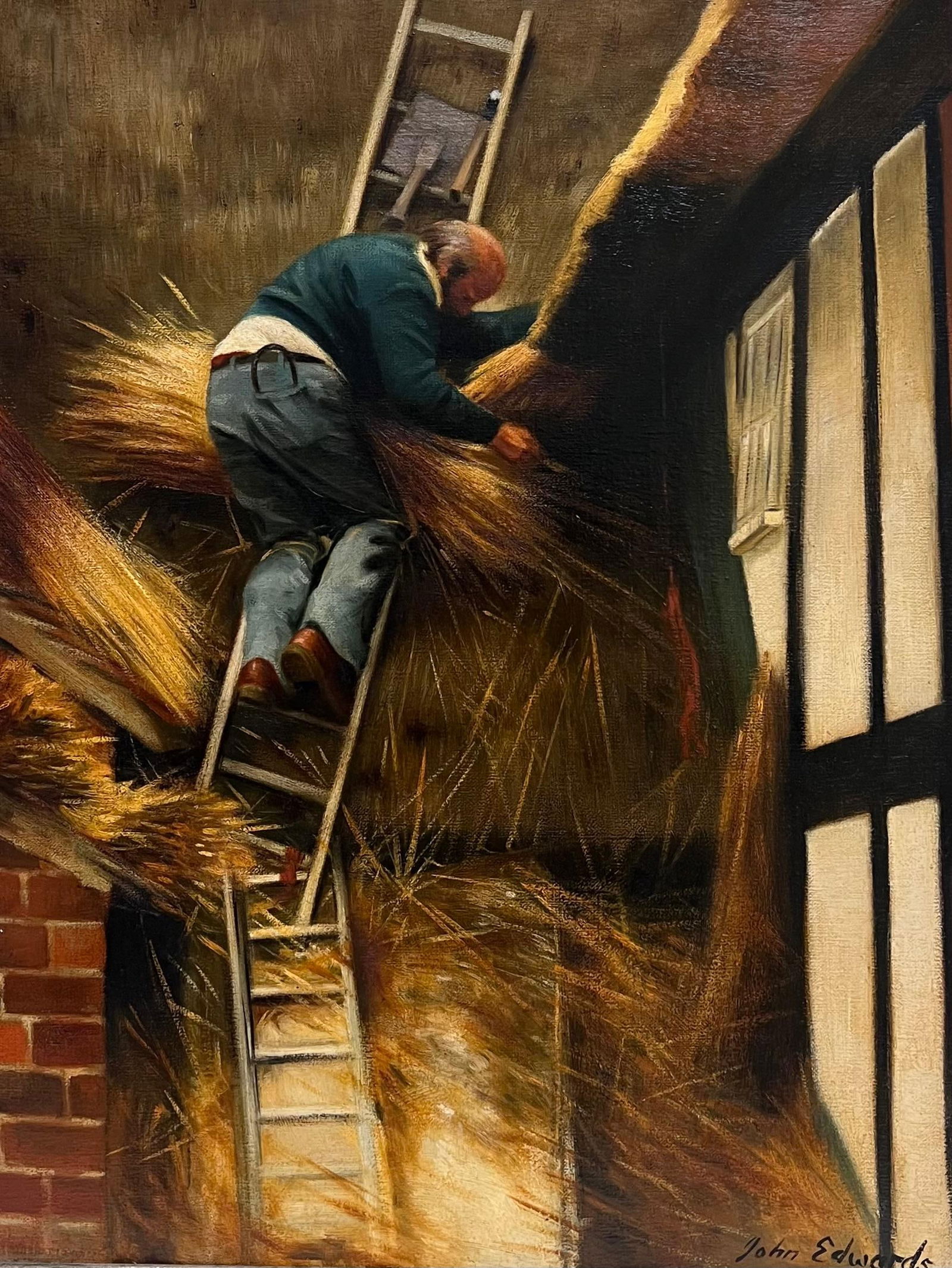 John Edwards; The Thatcher Traditional English Rural Crafts Oil Painting Portrait Straw Roofer - 5
