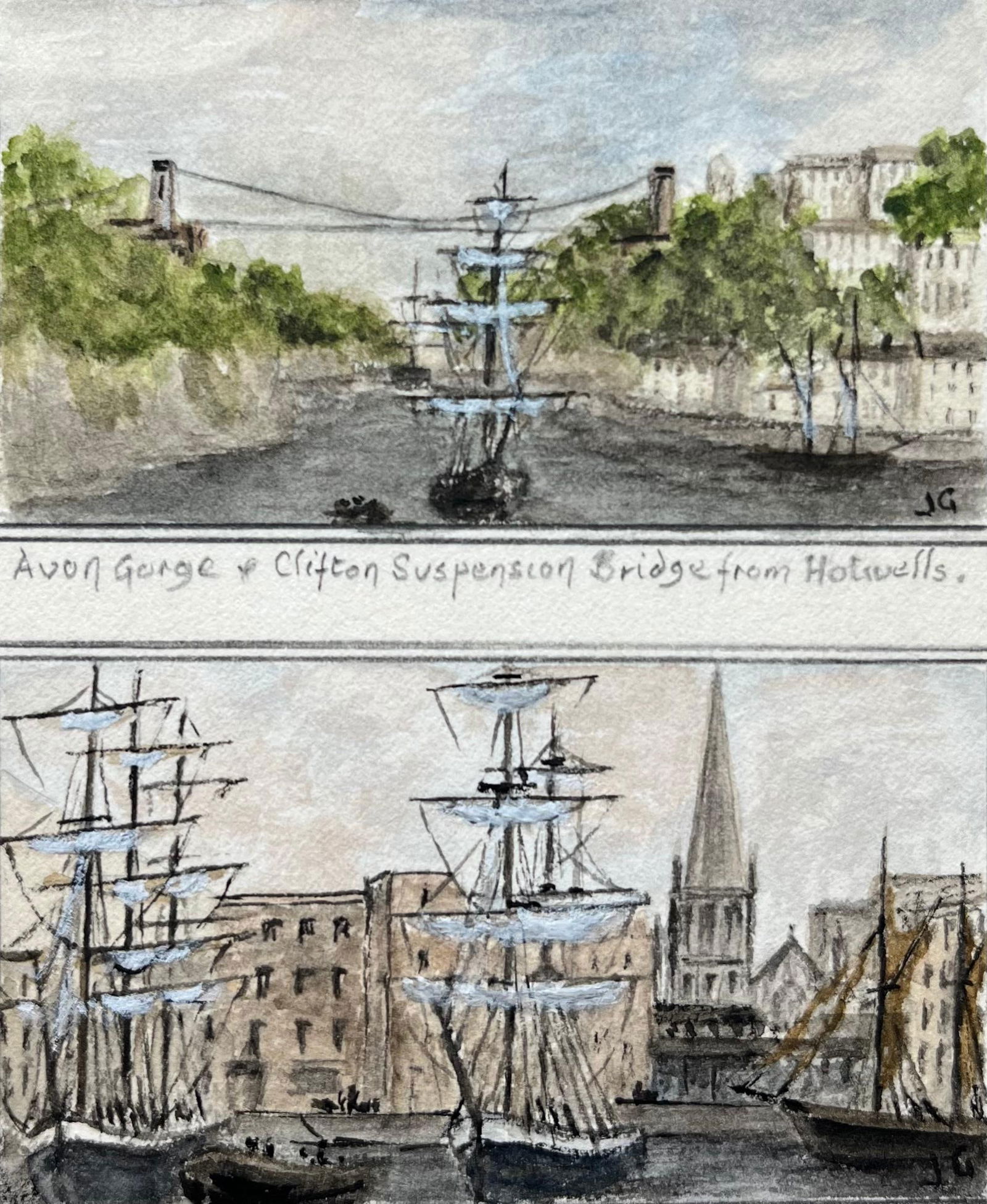 Jack Grunwell; Historic Miniature Watercolor of Clifton Suspension Bridge and Redcliffe Bristol (1 of 6)