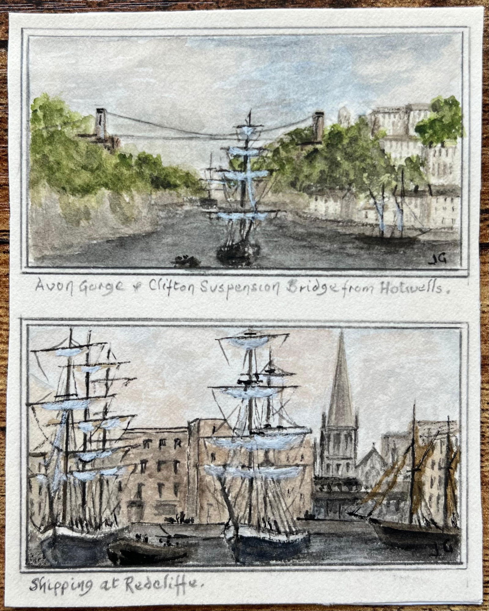 Jack Grunwell; Historic Miniature Watercolor of Clifton Suspension Bridge and Redcliffe Bristol - 3