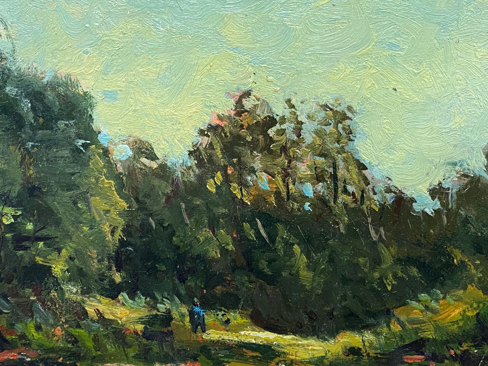 French Impressionist Signed Oil, Bright Blue Sky over Forest Landscape, 20th Century - 4