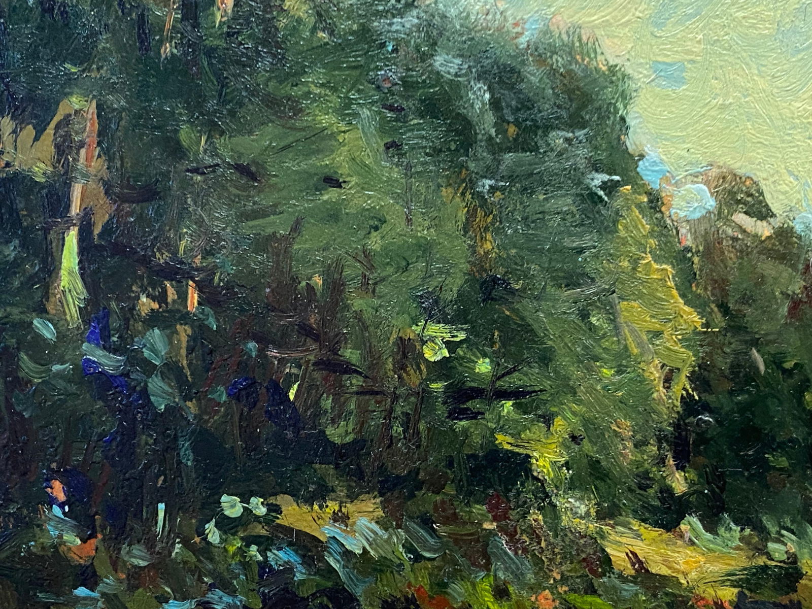 French Impressionist Signed Oil, Bright Blue Sky over Forest Landscape, 20th Century - 5