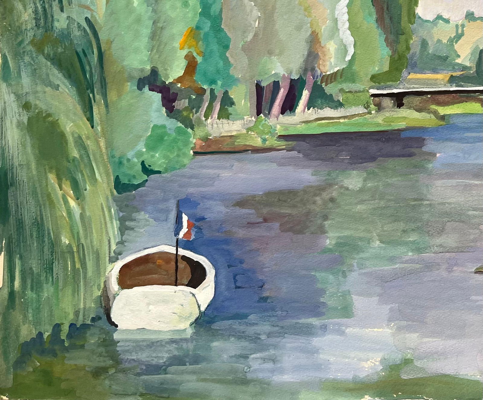 Anne Marie Migette Perard; Mid-20th Century Post-Impressionist Watercolor of River Scene with Boat - 8