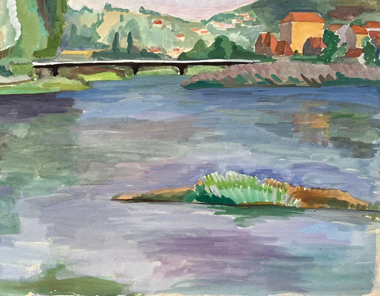 Anne Marie Migette Perard; Mid-20th Century Post-Impressionist Watercolor of River Scene with Boat - 9