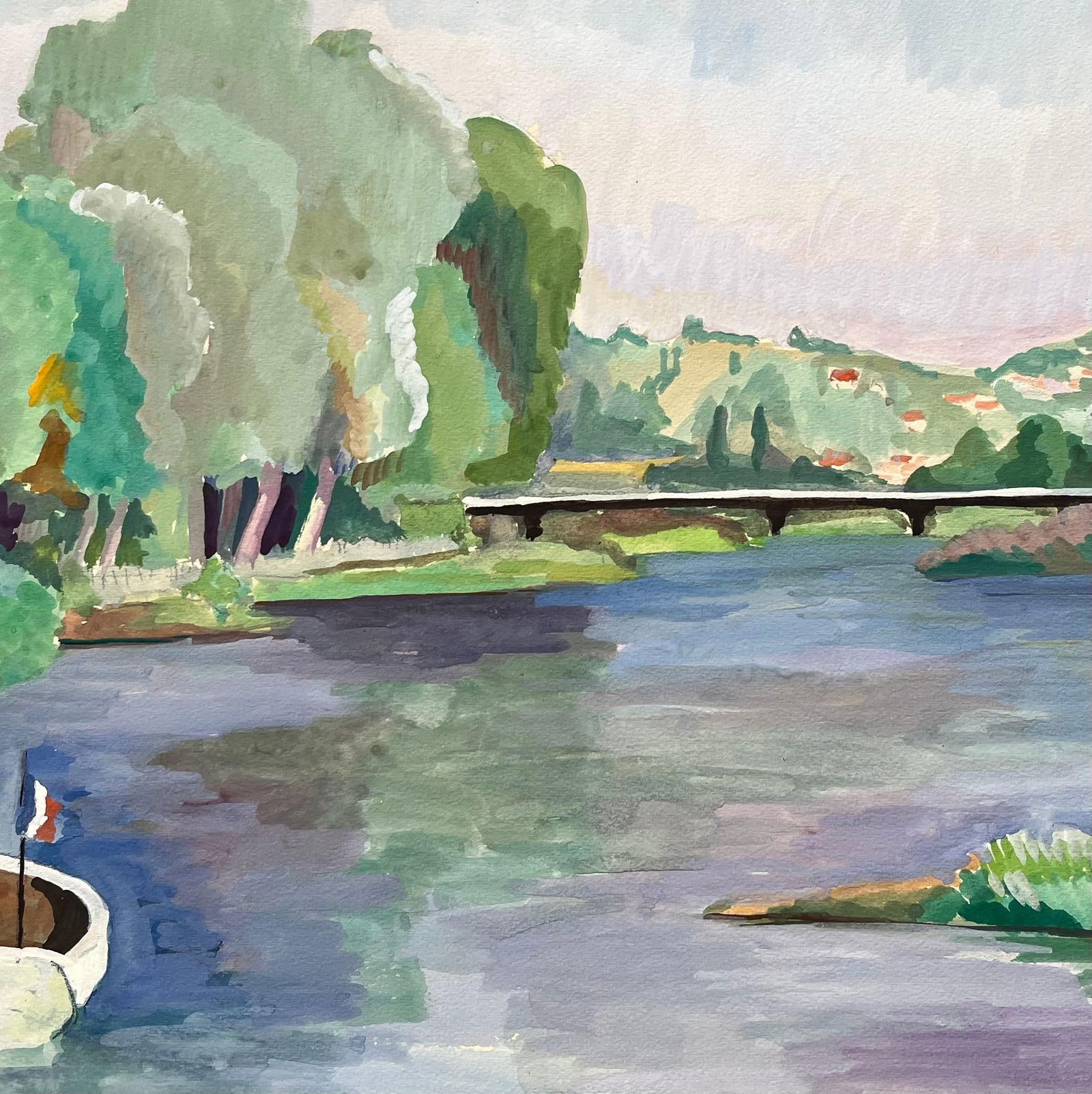 Anne Marie Migette Perard; Mid-20th Century Post-Impressionist Watercolor of River Scene with Boat - 10