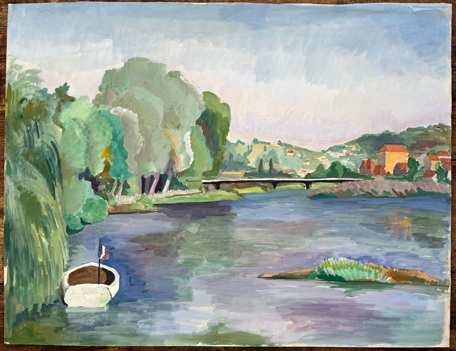 Anne Marie Migette Perard; Mid-20th Century Post-Impressionist Watercolor of River Scene with Boat - 13