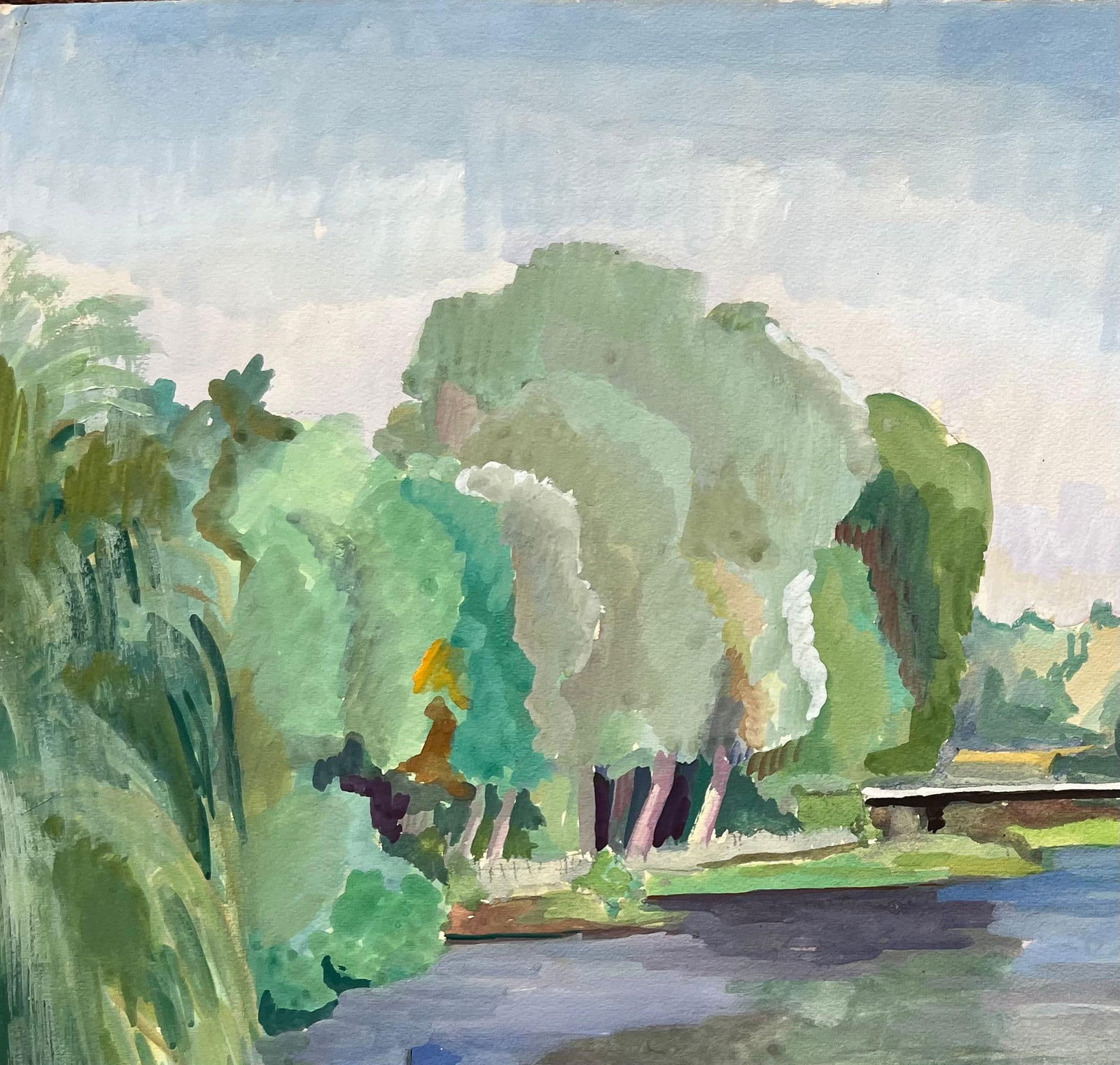 Anne Marie Migette Perard; Mid-20th Century Post-Impressionist Watercolor of River Scene with Boat - 14