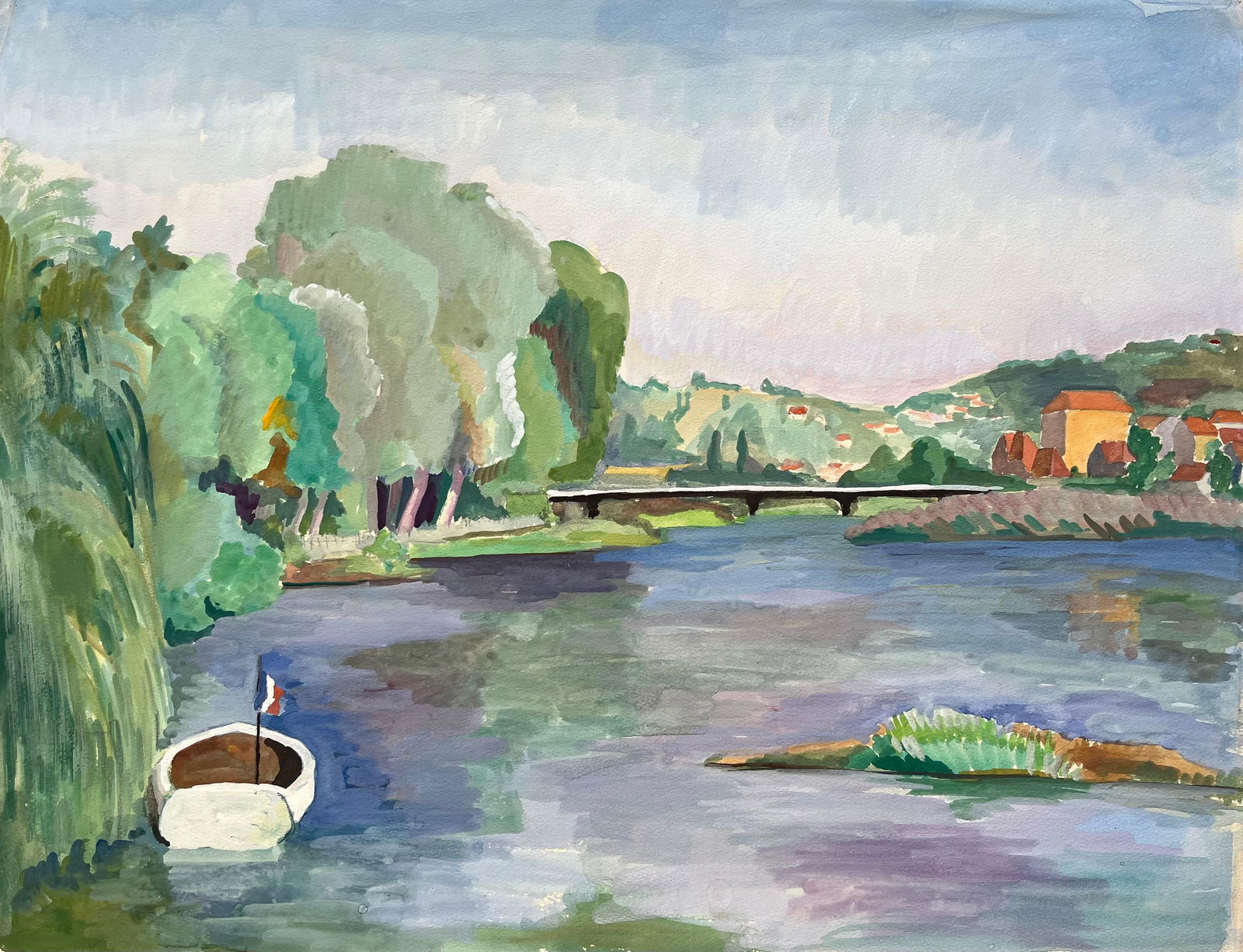 Anne Marie Migette Perard; Mid-20th Century Post-Impressionist Watercolor of River Scene with Boat - 4
