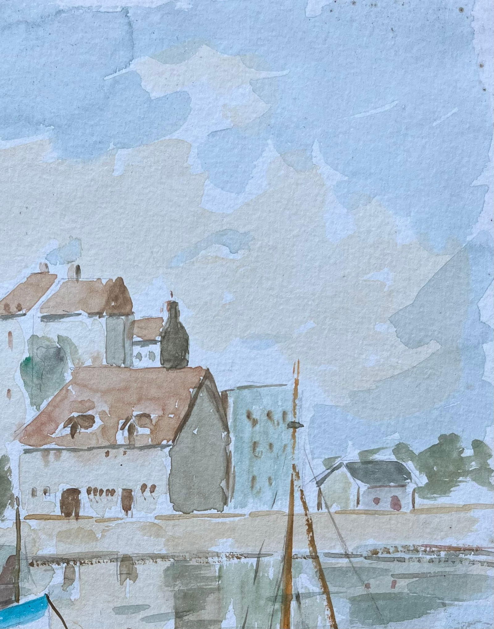 Fanch Lel; French Port Town with Boats and Reflections Watercolour Painting, 1993 - 10