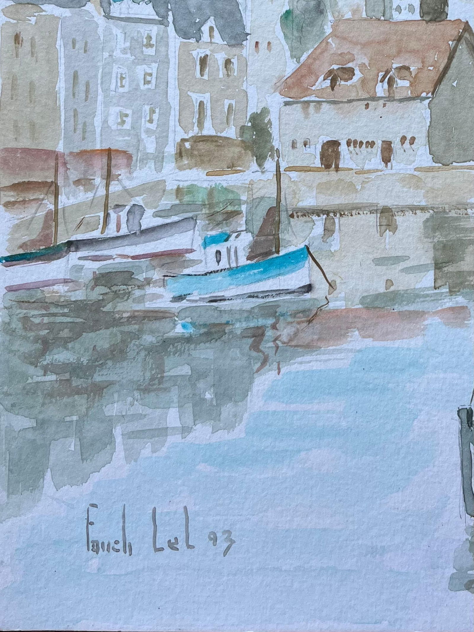 Fanch Lel; French Port Town with Boats and Reflections Watercolour Painting, 1993 - 11