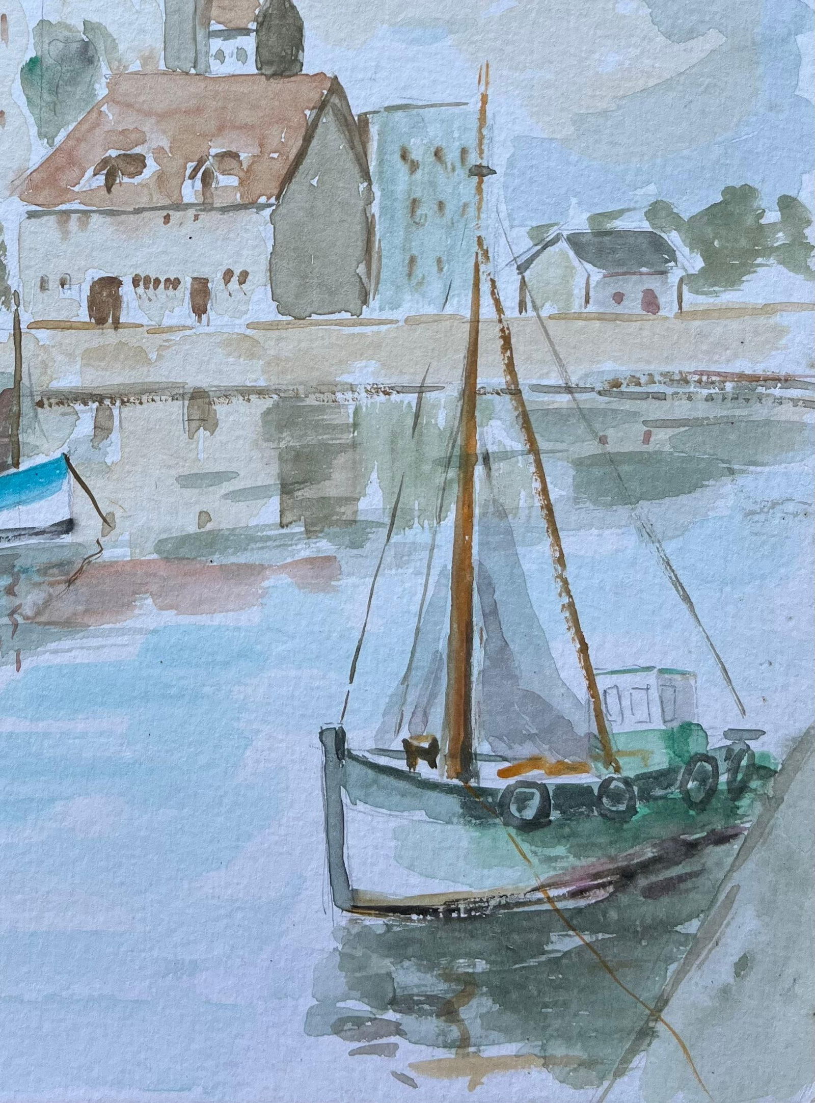 Fanch Lel; French Port Town with Boats and Reflections Watercolour Painting, 1993 - 12