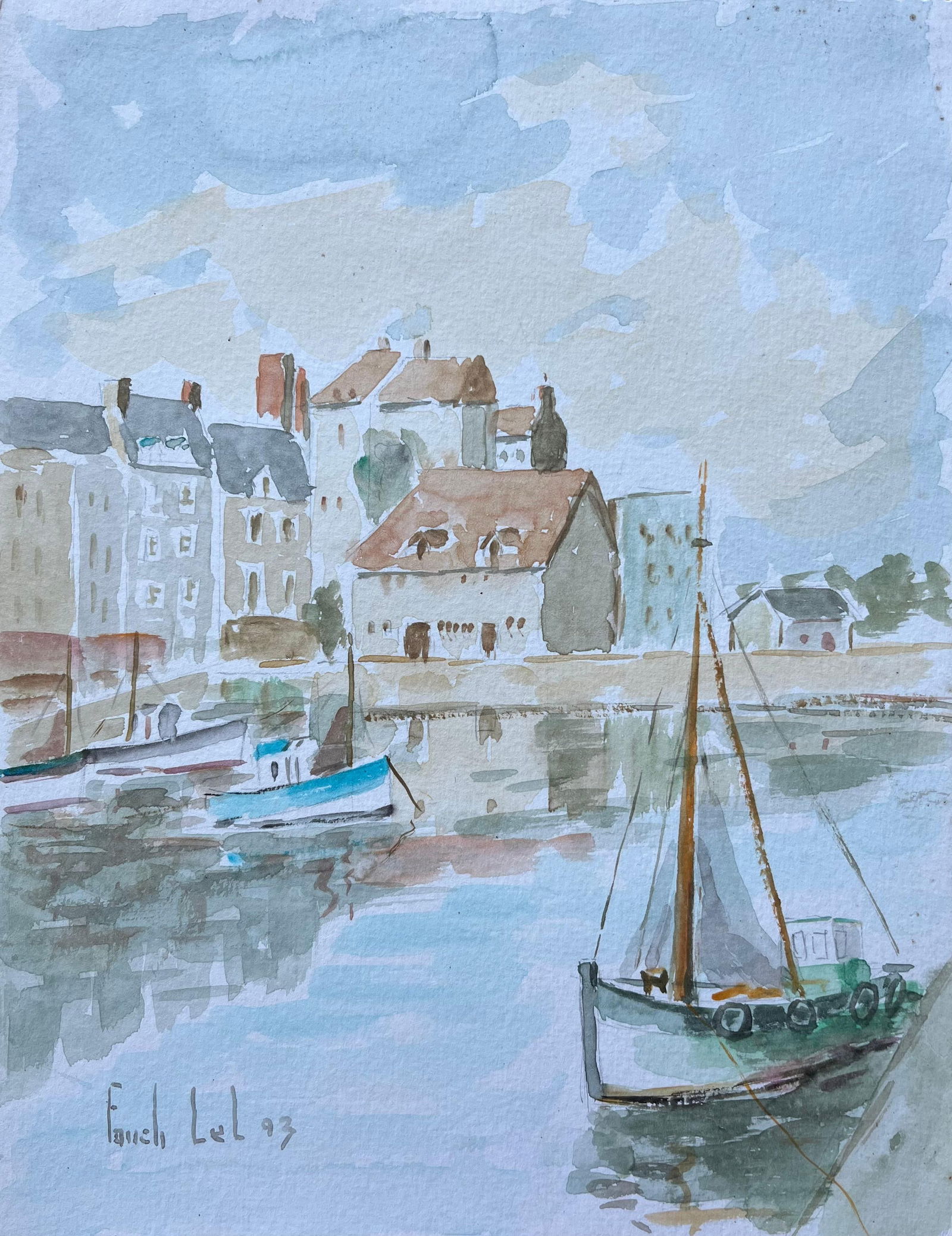 Fanch Lel; French Port Town with Boats and Reflections Watercolour Painting, 1993 - 15