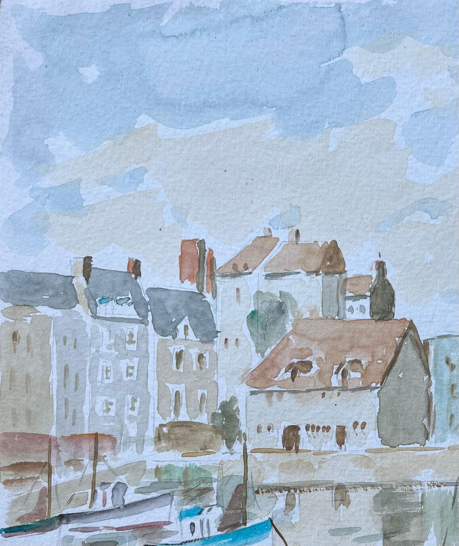 Fanch Lel; French Port Town with Boats and Reflections Watercolour Painting, 1993 - 17