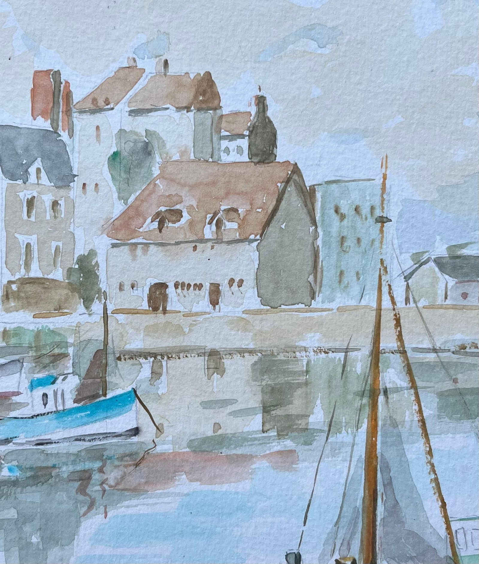 Fanch Lel; French Port Town with Boats and Reflections Watercolour Painting, 1993 - 5