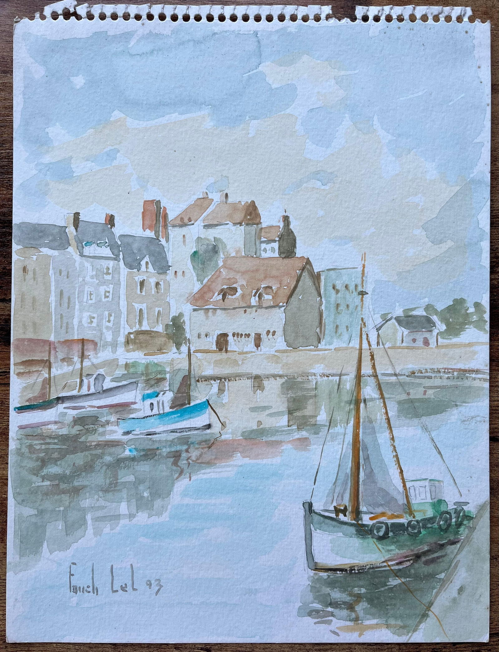 Fanch Lel; French Port Town with Boats and Reflections Watercolour Painting, 1993 - 8