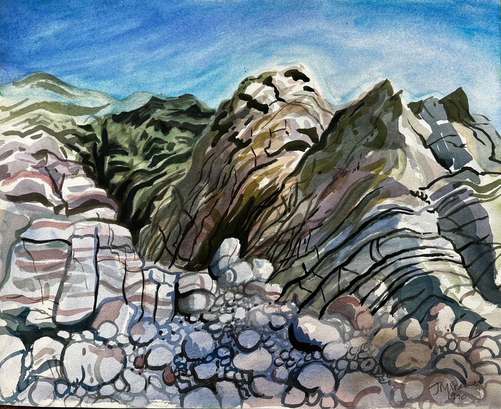 John Steane (b.1931); Dorset Coast Abstract Rock Formations with Pebble Beach 1990 Signed: Title: John Steane (b.1931); Dorset Coast Abstract Rock Formations with Pebble Beach 1990 Signed Watercolour, 1990 Description: Title: Sandwich Harbour Kent Boats and Historic Waterfront British Water