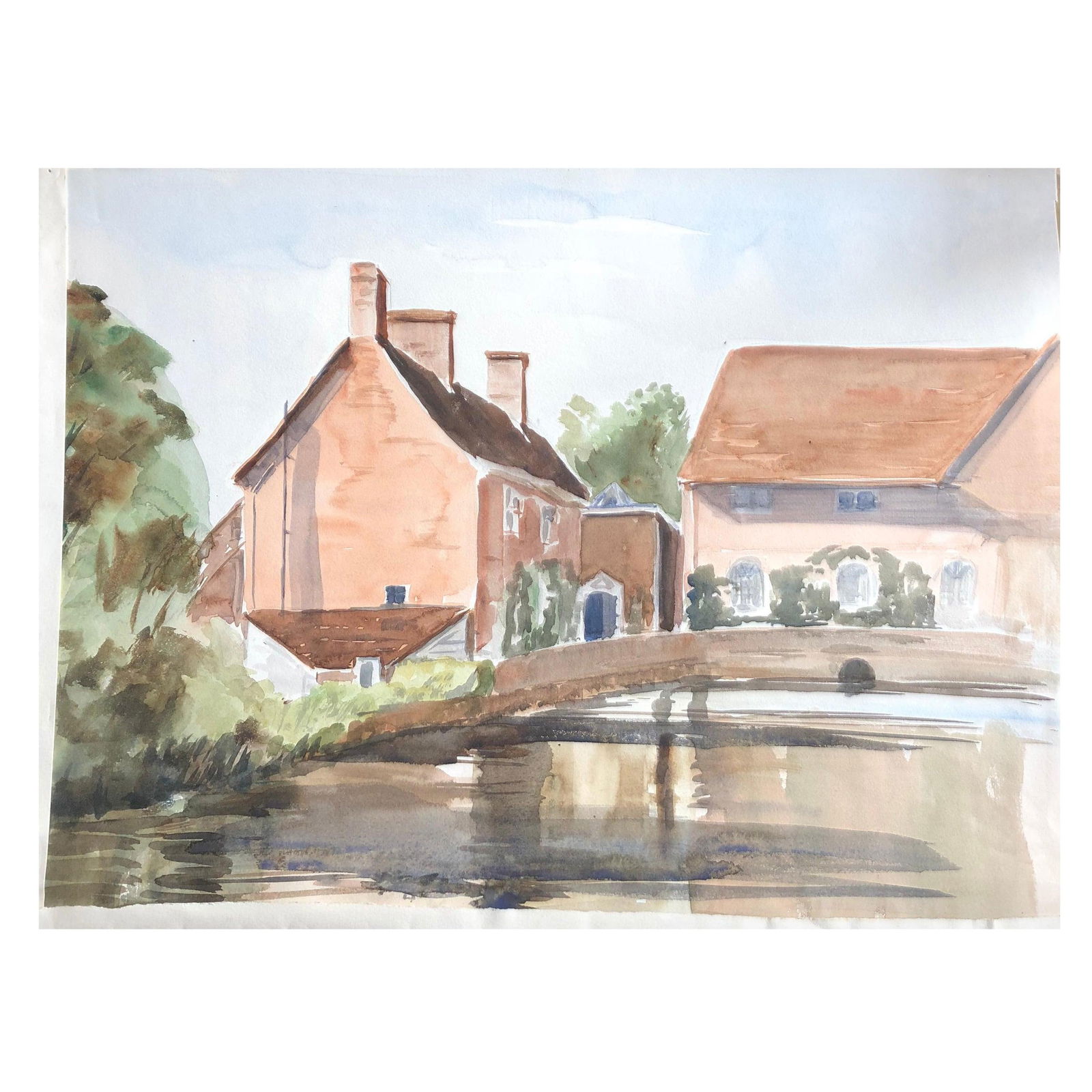 Village Bridge Scene, Original British Watercolour Painting, circa 1970s: Title: Village Bridge Scene, Original British Watercolour Painting, circa 1970s Description: River Bridge Scene by Ronald Birch, British circa 1970's watercolour on art paper, unframed overall paper m