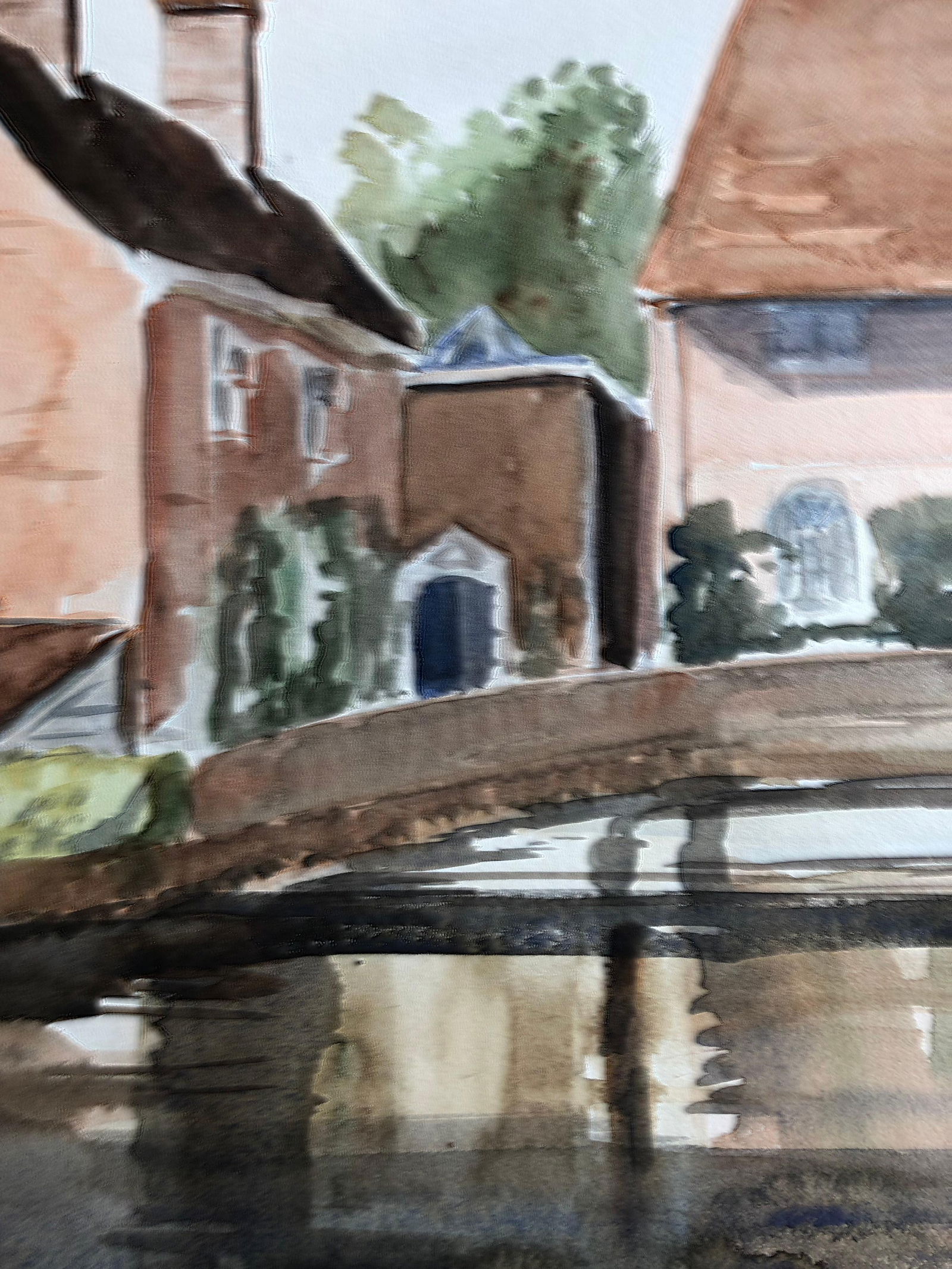 Village Bridge Scene, Original British Watercolour Painting, circa 1970s - 3