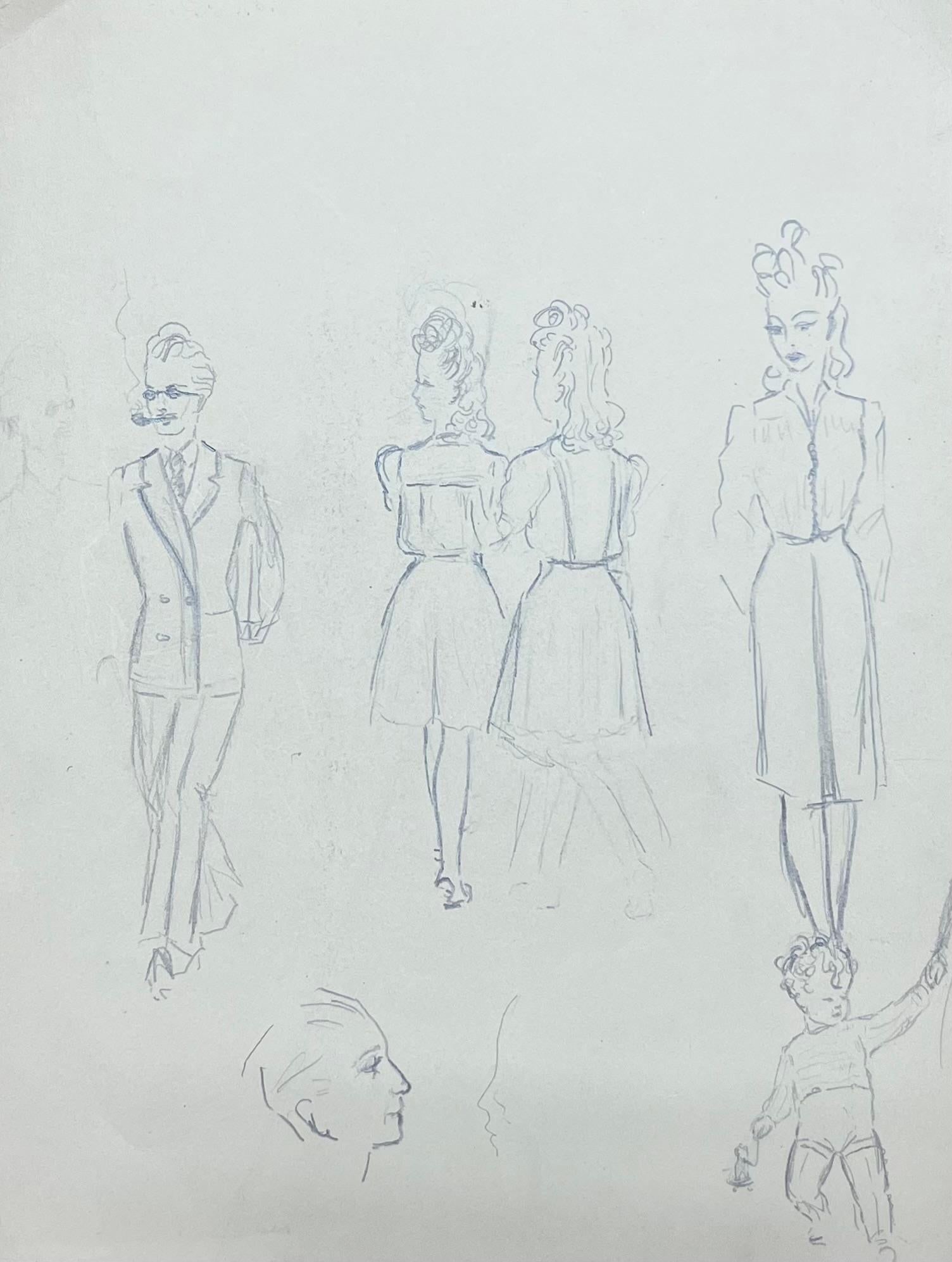 Josine Vignon; Mid Century French Pencil Sketch Study of Fashionable Figures, 1944 - 8