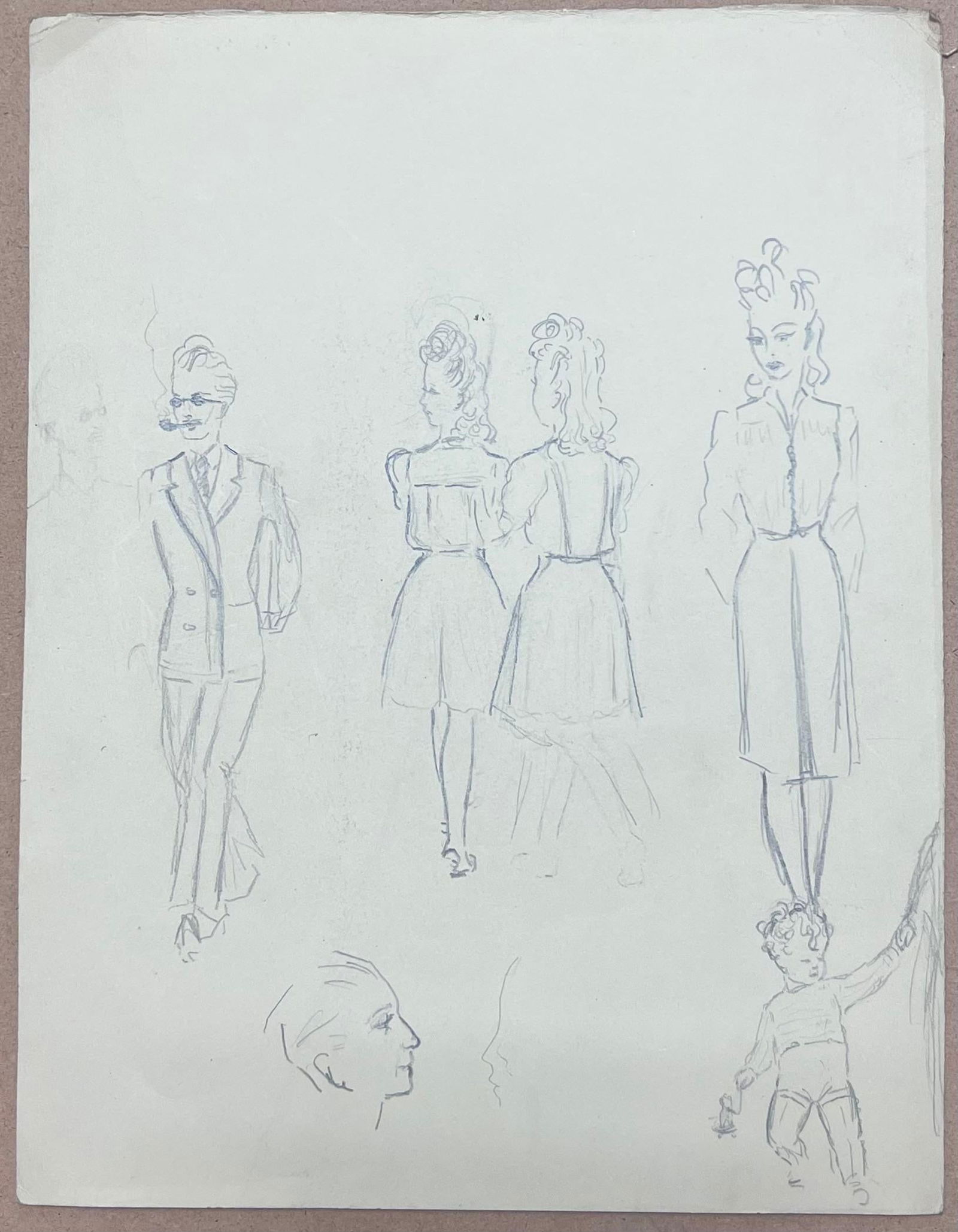 Josine Vignon; Mid Century French Pencil Sketch Study of Fashionable Figures, 1944 - 9
