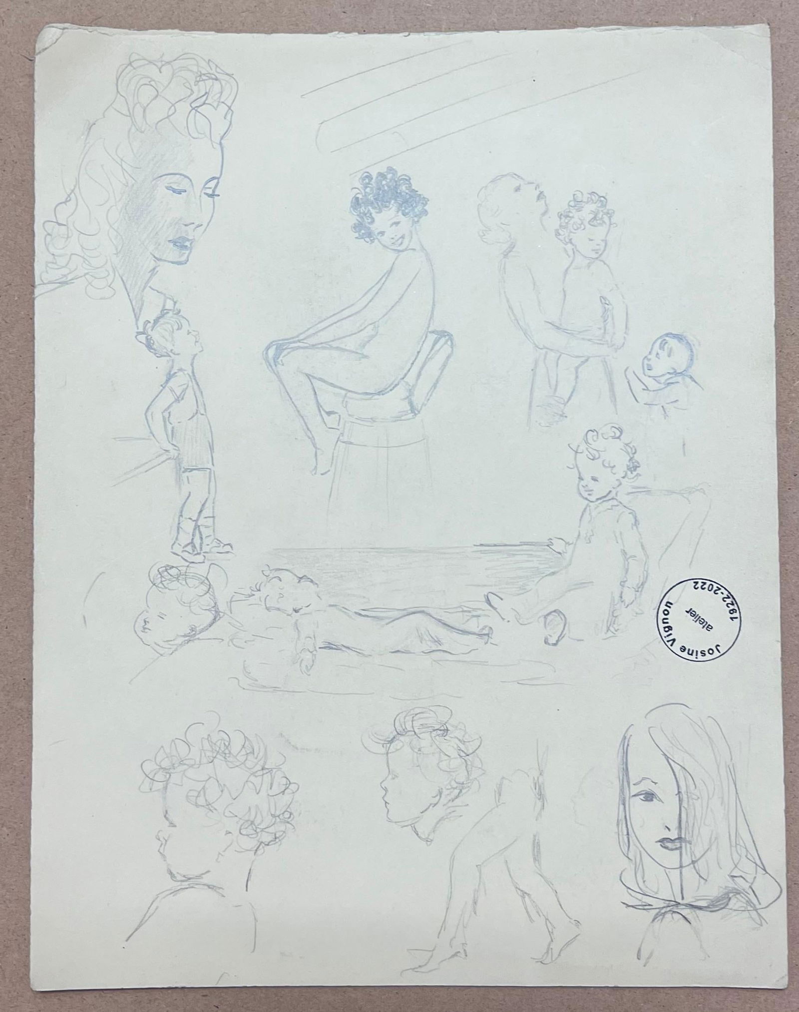 Josine Vignon; Mid Century French Pencil Sketch Study of Fashionable Figures, 1944 - 11