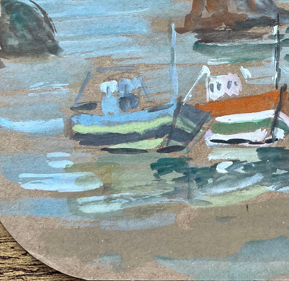 Fanch Lel; French Fishing Boats in Harbour with Rocky Coastline Gouache Painting - 10