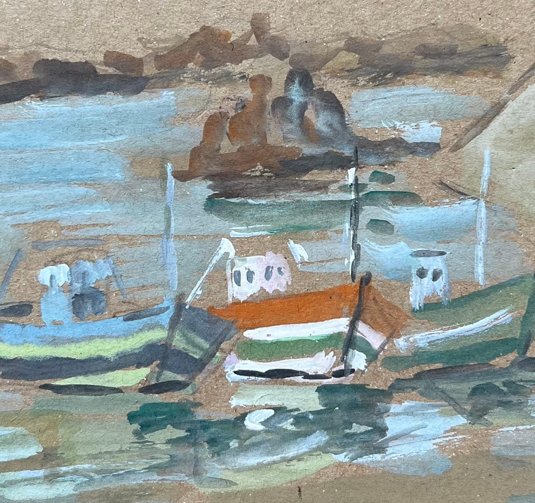 Fanch Lel; French Fishing Boats in Harbour with Rocky Coastline Gouache Painting - 13