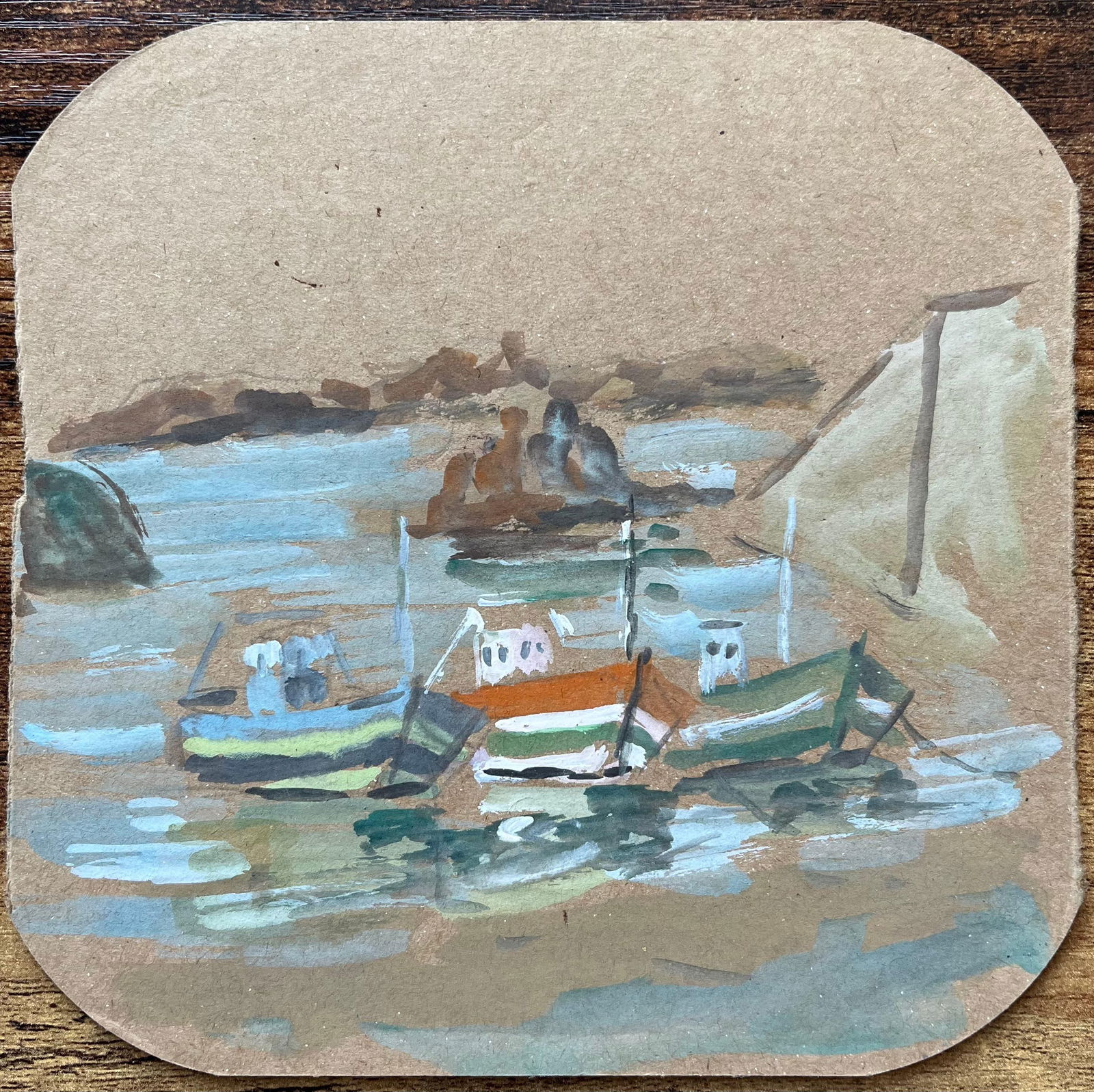 Fanch Lel; French Fishing Boats in Harbour with Rocky Coastline Gouache Painting - 16