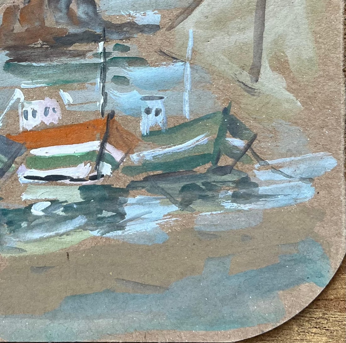 Fanch Lel; French Fishing Boats in Harbour with Rocky Coastline Gouache Painting - 17