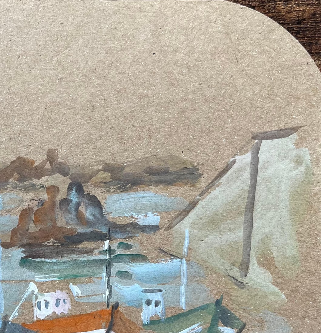 Fanch Lel; French Fishing Boats in Harbour with Rocky Coastline Gouache Painting - 20