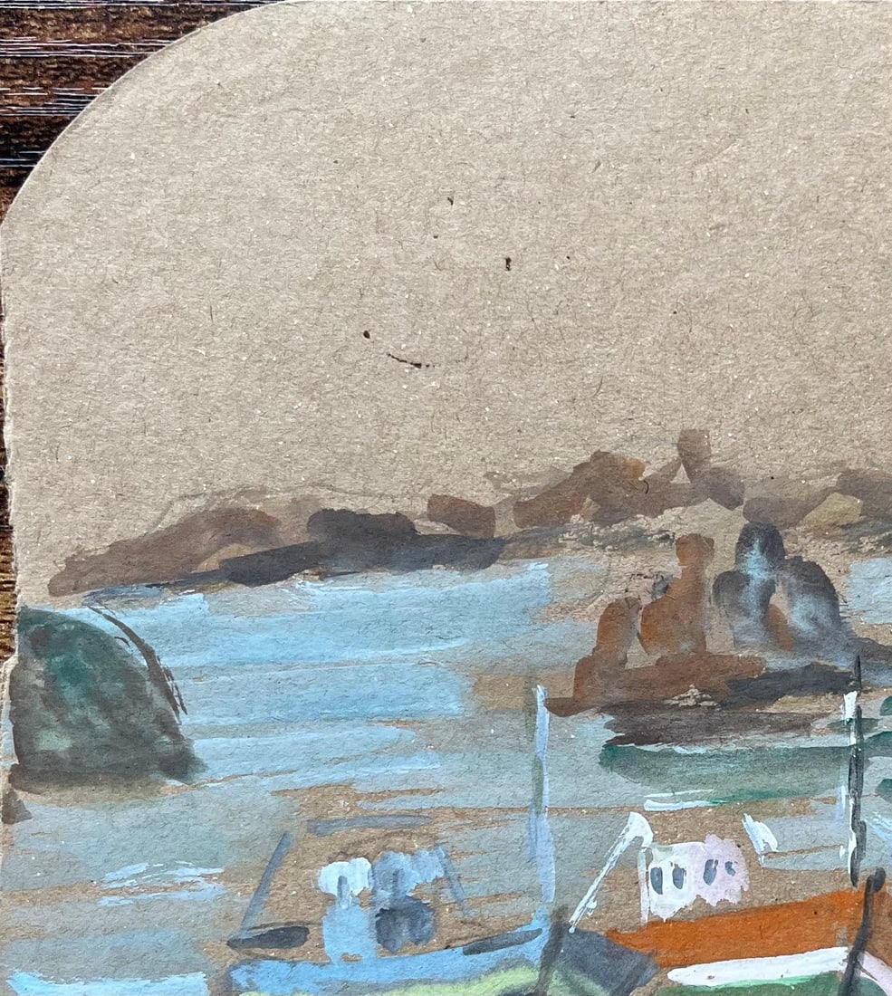 Fanch Lel; French Fishing Boats in Harbour with Rocky Coastline Gouache Painting - 3
