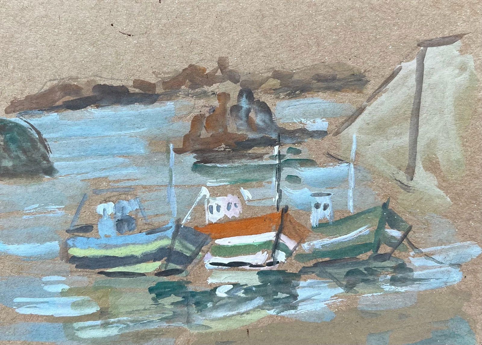 Fanch Lel; French Fishing Boats in Harbour with Rocky Coastline Gouache Painting - 7