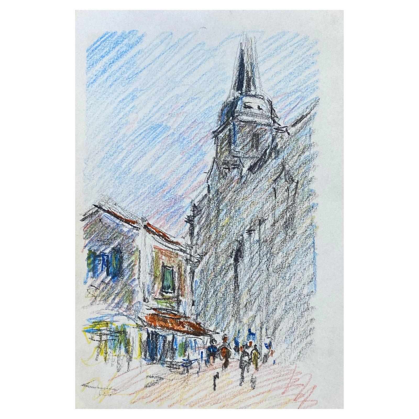 Old Provence Town Impressionist Crayon Drawing, Figures Mooching by Cafe, circa 1940s (1 of 6)